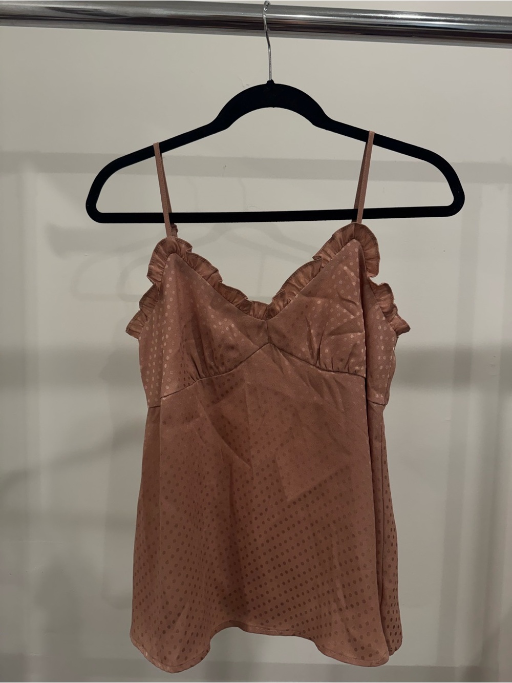 Ruffle-Trim Satin Chemise Slip in Rose Taupe